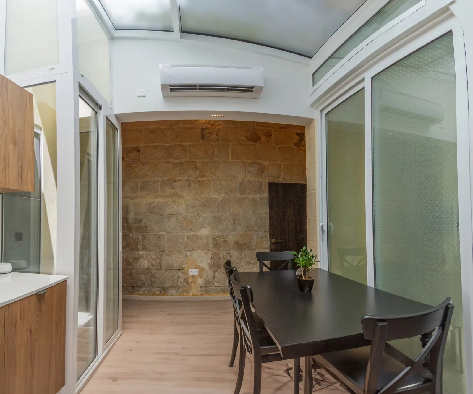 Dining area with sliding glass doors